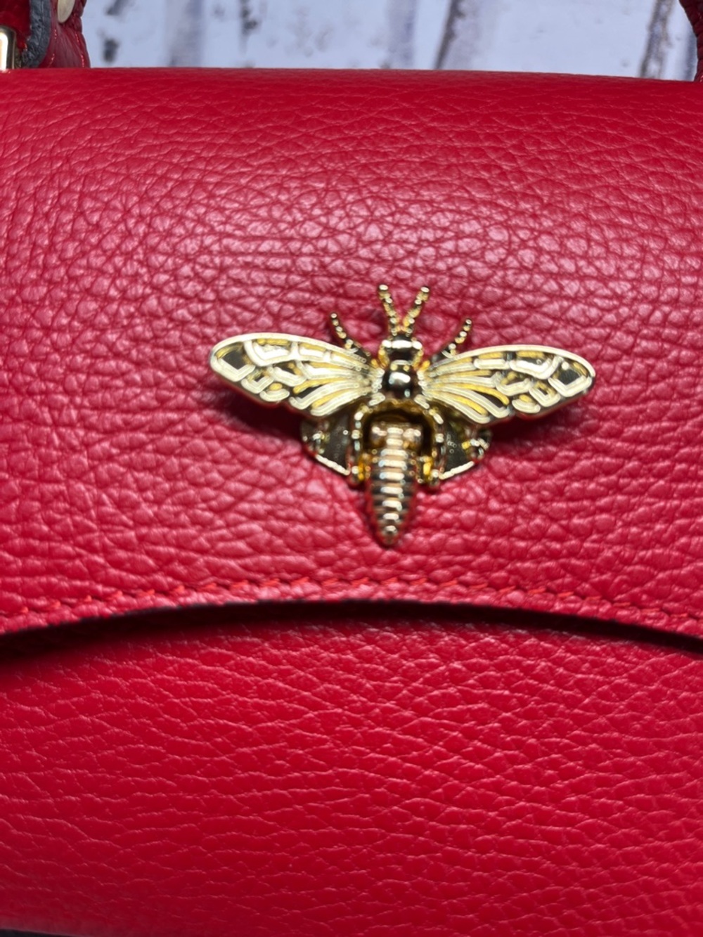Italian Leather Clutch Crossbody Top Handle Red Bag Bee Closure - Picture 5 of 11